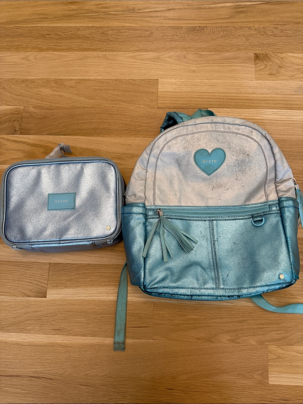 STATE Kids Metallic Teal and Silver Backpack with Matching Lunch Bag ~ Kane